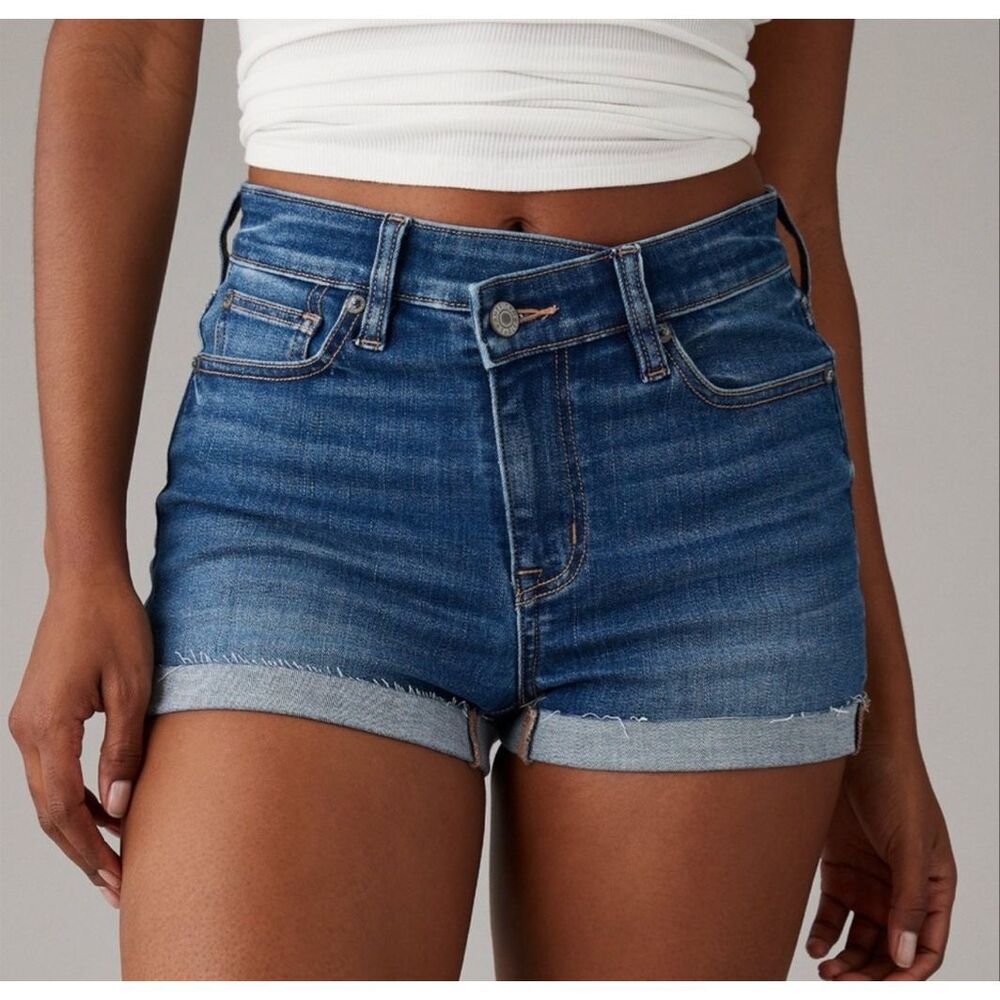 American Eagle High Rise Shortie Denim Shorts Cuffed Raw Hem Stretch Size 18 NEW